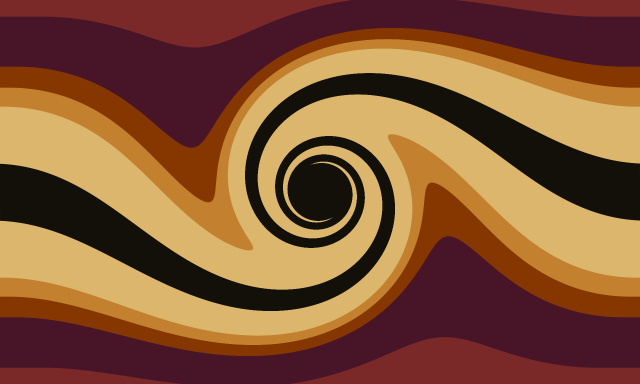 Stylized Spiral-Aligned flag. It originally was simple stripes going from red, to dark pink-red, to orange, to yellow, to light yellow, on each side, and has a black center. However, the flag has been edited to twirl, causing the black stripe in the middle and the colors around it to warp into a spiral at the center. 