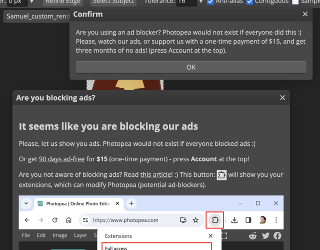 A screenshot of Photopea, with two pop-ups asking for the user to turn off their ad blocker
