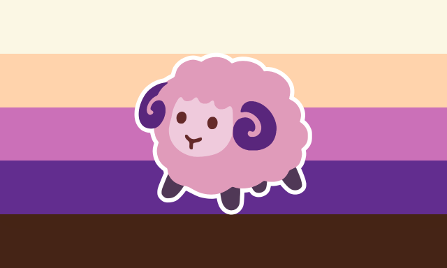 A 5 striped flag going from light yellow, to orange, to mid pink, to deep purple, to dark brown. A pink sheep with purple horns and feet, dark pink eyes, and a light pink face, is in the center, and is bordered in white. 