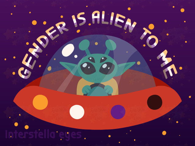 A digital drawing of a green alien in a red ufo flying through space, with the lights of the ufo being the nonbinary colors. The caption says "GENDER IS ALIEN TO ME", and the drawing is made in a simple lineless style.