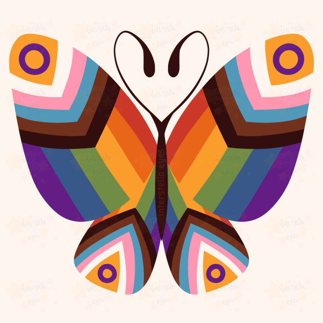 A digital drawing of a butterfly with its wings made out of the progress pride flag, drawn in a simple lineless style.