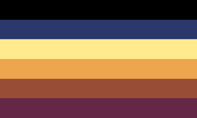 A 6 striped flag going from black, to dark blue, to light yellow, to mid orange, to dark reddish orange, to dark pink.
