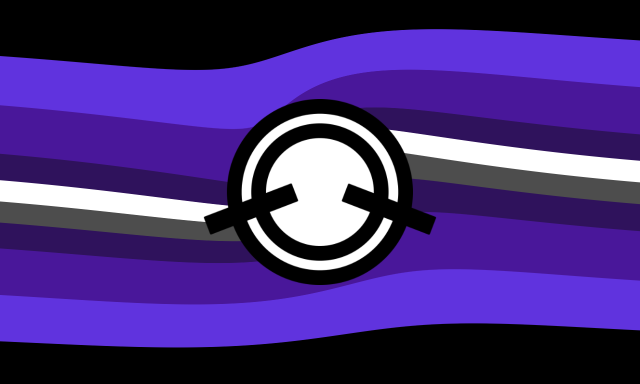 A 10-striped flag that, on each side, goes from black, to mid purple, to a darker and more saturated purple, to a very dark purple, to a thin white stripe and then thin dark grey stripe. This version is distorted to look wavy, with the stripes bending upwards and to the left around the middle. There’s a black symbol in the center that’s filled in white, and is two rings with two lines coming out diagonally from each side.