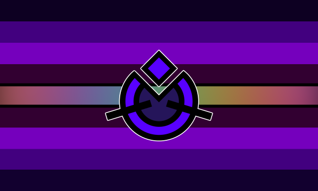 A 9 striped flag with parallel colors on each side. From the outside to inside, it goes from very dark blue-purple, to mid purple, to mid purple-pink, to dark red-pink, to two small black border lines, and finally a rainbow gradient stripe in the middle. In the center is a symbol depicted as two rings, the inner filled in with dark purple and the outer filled in with bright purple, with a triangular chunk taken out from the top, two symmetrical lines coming out diagonally from each side, and a diamond positioned above it and filled-in with the same bright purple as the outer ring.
