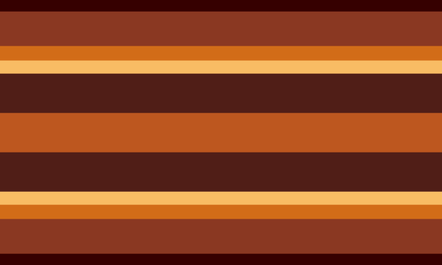 Desolation-aligned flag. On both sides, it goes from dark red, to dark orange, to light orange, to light yellow, to dark red, to a mid orange center.