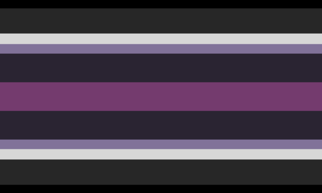 Web-aligned flag. On both sides, it goes from black, to grey, to white, to grey, to dark grey-purple, to a mid purple center.