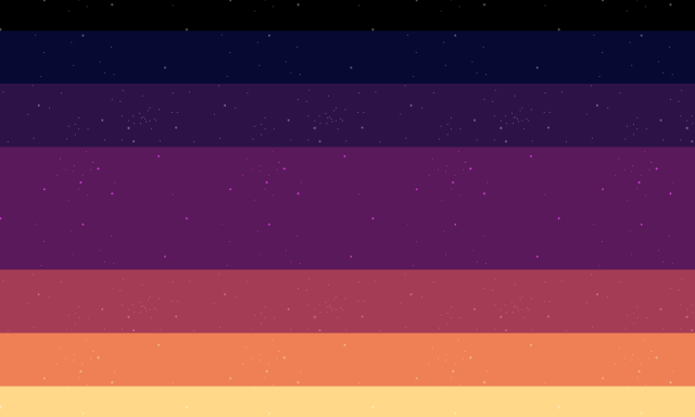 A 7 striped flag with uneven stripes. Each end stripe is thin, the second to the middle is a little less thin, the stripes next to the middle are less thin, and the middle stripe is the longest. From top to bottom, the colors go from black, to dark blue, to dark purple, to magenta, to reddish pink, to orange, to yellow. There are stars added onto the flag, gradually getting more intense towards the top.
