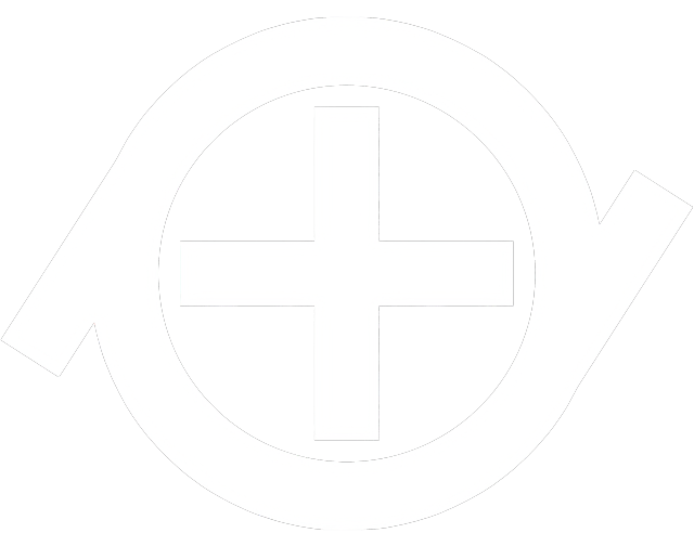 A white ring with a plus sign inside it, and two diagonal lines coming out of it. The left line is tilted downwards, while the right one is tilted upwards. 