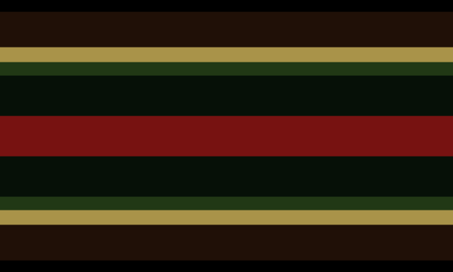 Hunt-Aligned flag. It goes from black, to brown, to yellow, to green, to dark green, on each side, and has a bright red center.