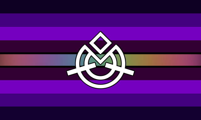 A 9 striped flag with parallel colors on each side. From the outside to inside, it goes from very dark blue-purple, to mid purple, to mid purple-pink, to dark red-pink, to two small black border lines, and finally a rainbow gradient stripe in the middle. In the center is a white symbol with a black border, depicted as two rings with a triangular chunk taken out from the top, two symmetrical lines coming out diagonally from each side, and a diamond positioned above it. 