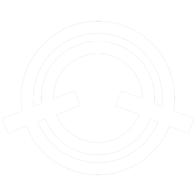 A white symbol of a ring with another ring inside of it, and two lines protruding out downwards and diagonally from each side.