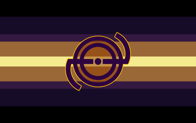 A 9 striped flag going from black, to dark blue purple, to mid pink purple, to orange, to light yellow on both sides. The mid pink-purple stripe, and middle yellow stripe, are both thinner than the rest. In the center is a symbol with two rings, a center dot, and two horizontal lines coming out. On the left side, there’s a curved line going downwards, and on the right side, there’s a curved line going upwards. The symbol is purple with a yellow border and orange fill.