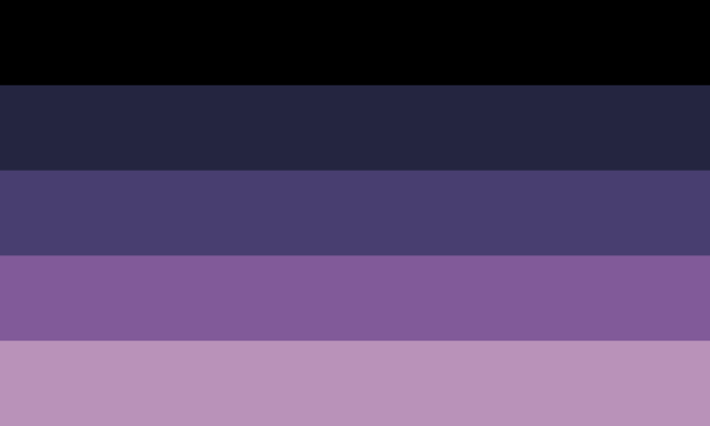A 5 striped flag going from black, to dark blue, to mid grey-purple, to mid pink-purple, to lighter pink. 