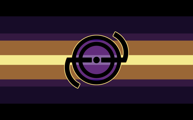 A 9 striped flag going from black, to dark blue purple, to mid pink purple, to orange, to light yellow on both sides. The mid pink-purple stripe, and middle yellow stripe, are both thinner than the rest. In the center is a symbol with two rings, a center dot, and two horizontal lines coming out. On the left side, there’s a curved line going downwards, and on the right side, there’s a curved line going upwards. The symbol is black with a yellow border and semi-purple fill.