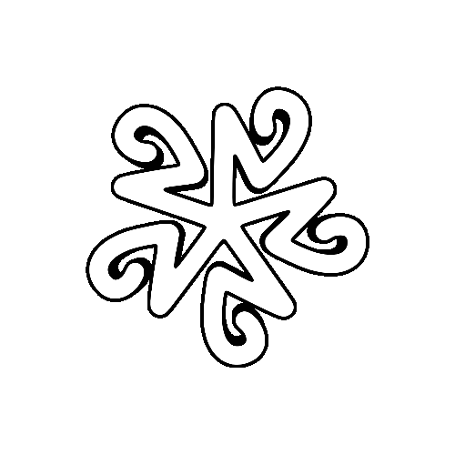 The constelic symbol, depicted as a five-point star where each point moves outwards, then back down and curling around itself.