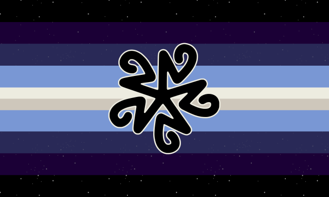 A 9 striped flag going from black, to dark purple, to dark blue, to light blue, to a dual-colored stripe that’s very light yellow and a slightly darker shade of light yellow. In the center there is a blue constelic symbol, which is a 5 pointed star that branches out before curling back inwards. There are stars overlaying the flag, gradually getting less visible towards the center of the flag.