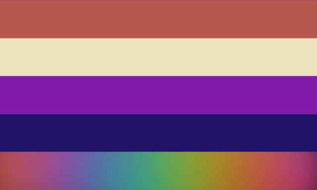A 5 striped flag going from orange, to light yellow, to mid purple, to dark blue, to a rainbow gradient stripe.