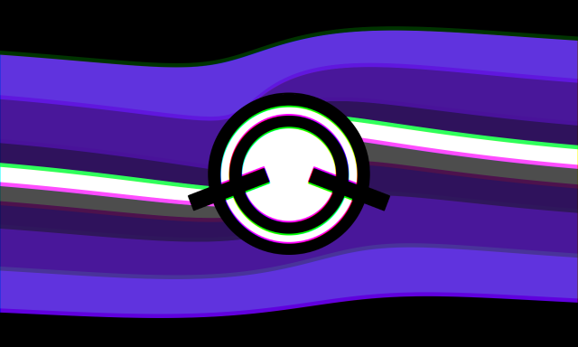 A 10-striped flag that, on each side, goes from black, to mid purple, to a darker and more saturated purple, to a very dark purple, to a thin white stripe and then thin dark grey stripe. This version is distorted to look wavy, with the stripes bending upwards and to the left around the middle. There’s a black symbol in the center that’s filled in white, and is two rings with two lines coming out diagonally from each side. The flag has a chromatic filter over it in green and pink distortion.