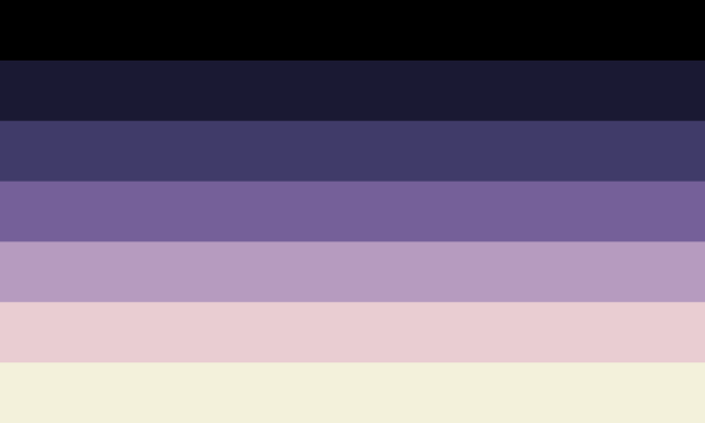 A 7 striped flag that’s a gradient from black, to dark purples and blues, to pink, to yellow at the very bottom. 